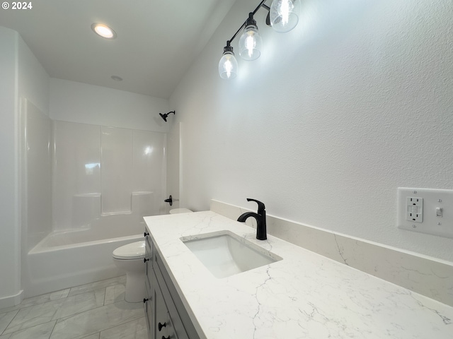 full bathroom with washtub / shower combination, tile patterned floors, toilet, and vanity