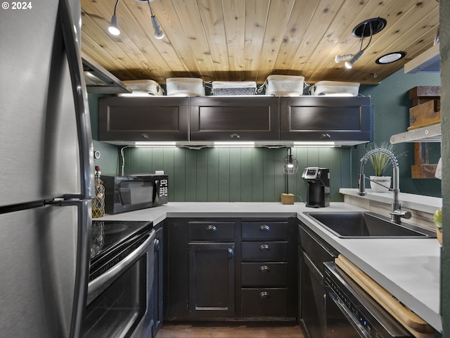 kitchen with hardwood / wood-style floors, sink, wood ceiling, and black appliances