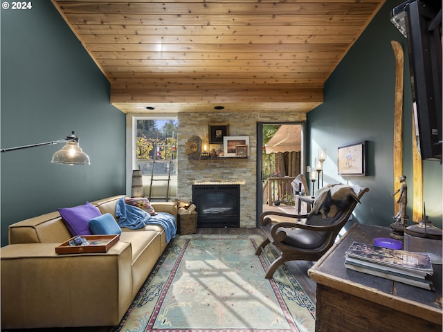 living room with wood ceiling and lofted ceiling