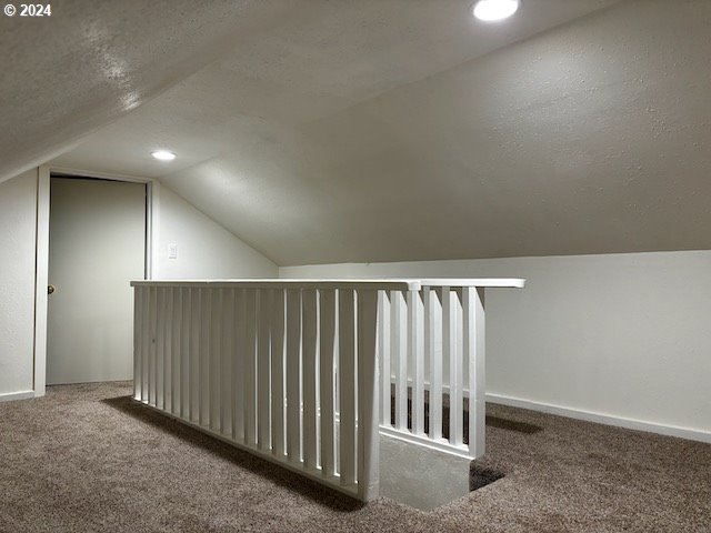 bonus room featuring lofted ceiling, carpet floors, and a textured ceiling