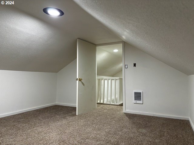 additional living space featuring vaulted ceiling, carpet flooring, and a textured ceiling