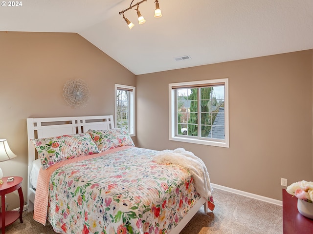 bedroom with carpet flooring and lofted ceiling