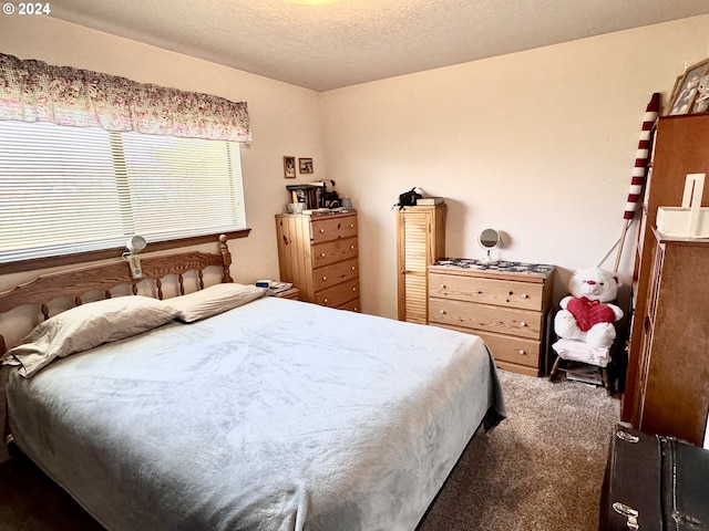 bedroom with carpet and a textured ceiling