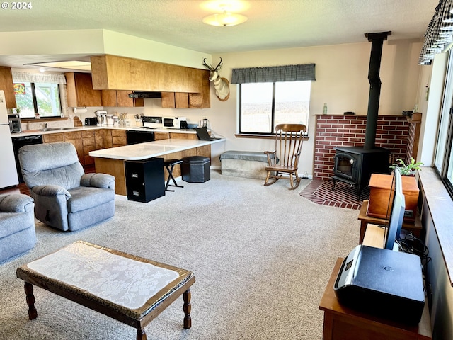 carpeted living area with a wood stove and a textured ceiling