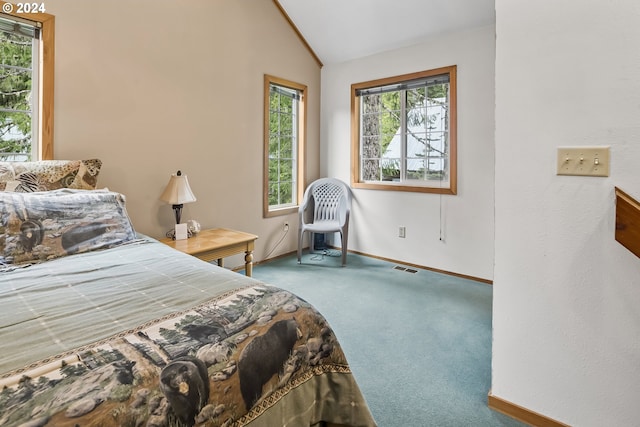 bedroom featuring carpet and lofted ceiling