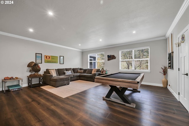 recreation room with dark hardwood / wood-style floors, a textured ceiling, billiards, and ornamental molding