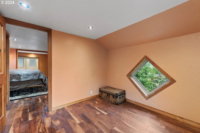 interior space featuring hardwood / wood-style flooring and vaulted ceiling with skylight