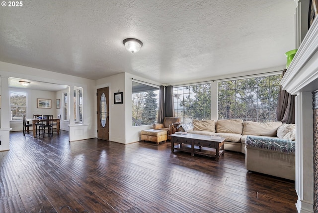 living area featuring plenty of natural light, wood-type flooring, and ornate columns