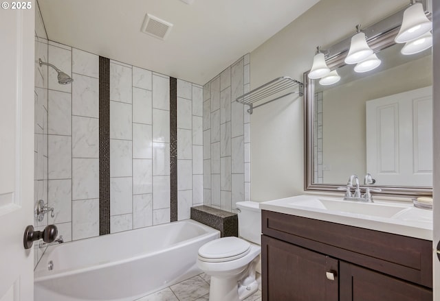 full bathroom with toilet, vanity, bathtub / shower combination, and visible vents