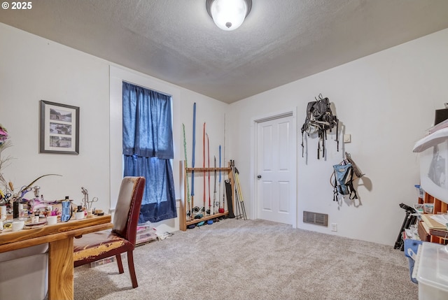 carpeted home office featuring a textured ceiling and visible vents