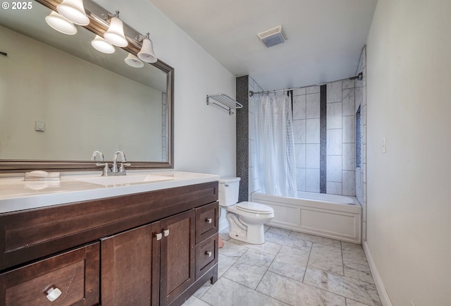 full bath with toilet, shower / tub combo, visible vents, vanity, and marble finish floor