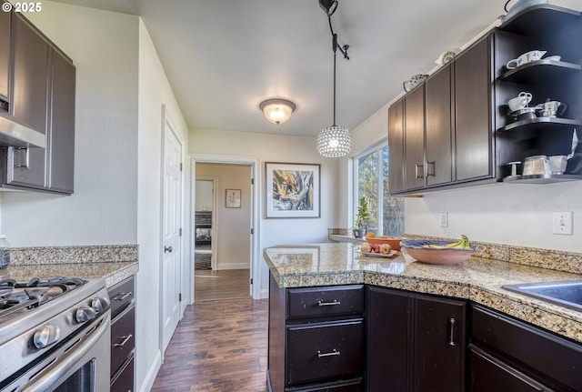 kitchen with tile countertops, dark wood-style floors, open shelves, and dark brown cabinets