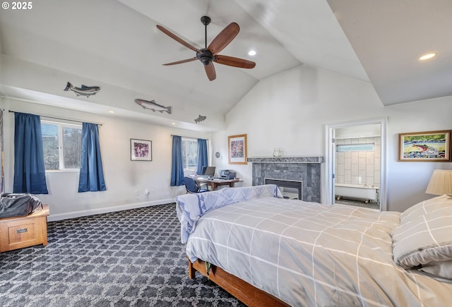 bedroom featuring carpet, a fireplace, recessed lighting, high vaulted ceiling, and baseboards