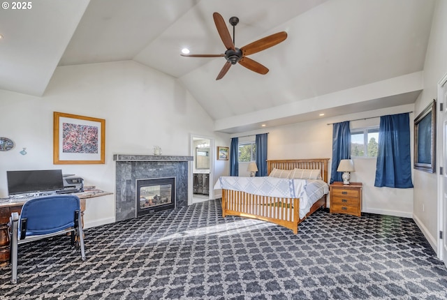 carpeted bedroom with multiple windows, a fireplace, and baseboards