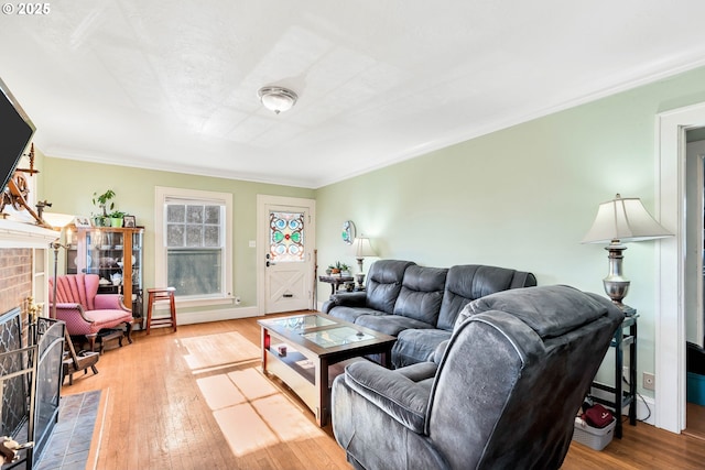 living room featuring wood-type flooring, ornamental molding, and a fireplace