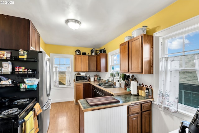 kitchen featuring appliances with stainless steel finishes, plenty of natural light, sink, and light wood-type flooring