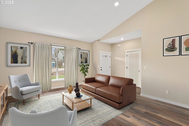 144 E H St, Vernonia, OR 97064 - living area featuring wood finished floors, baseboards, recessed lighting, and high vaulted ceiling