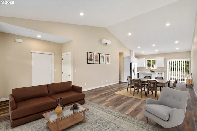 144 E H St, Vernonia, OR 97064 - living area with lofted ceiling, dark wood-style floors, baseboards, and recessed lighting
