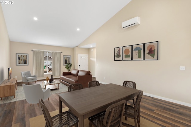 144 E H St, Vernonia, OR 97064 - dining area featuring baseboards, dark wood-type flooring, a wall unit AC, recessed lighting, and high vaulted ceiling