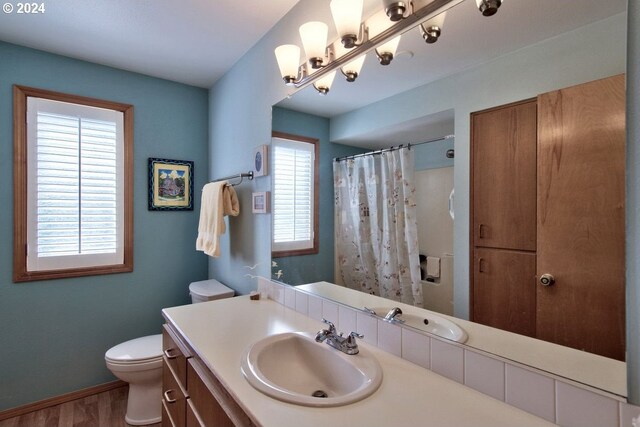 bathroom with vanity, hardwood / wood-style flooring, and toilet