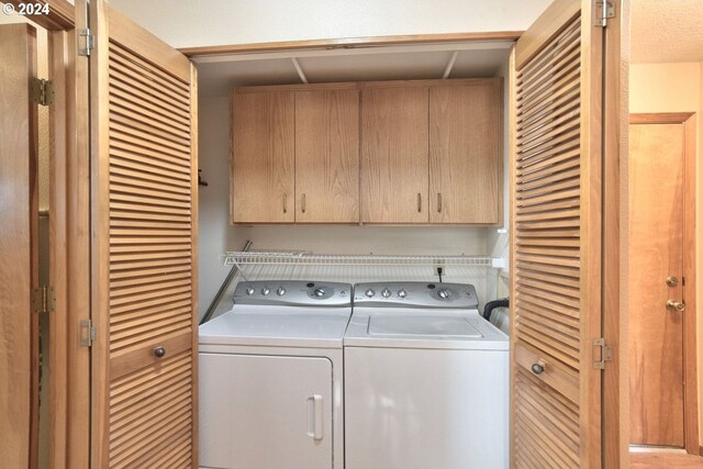 laundry area with cabinets and washing machine and clothes dryer