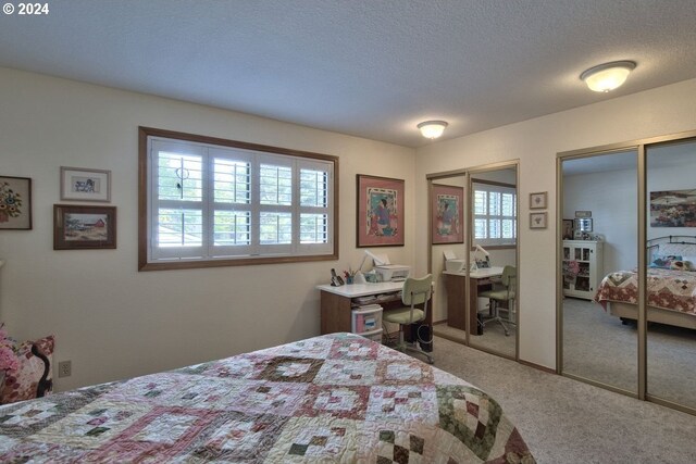 bedroom with multiple closets, carpet, and a textured ceiling