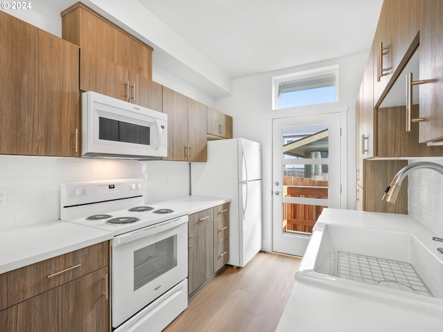 kitchen featuring light hardwood / wood-style floors, sink, backsplash, and white appliances