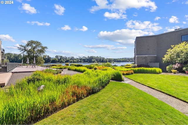 view of yard with a water view