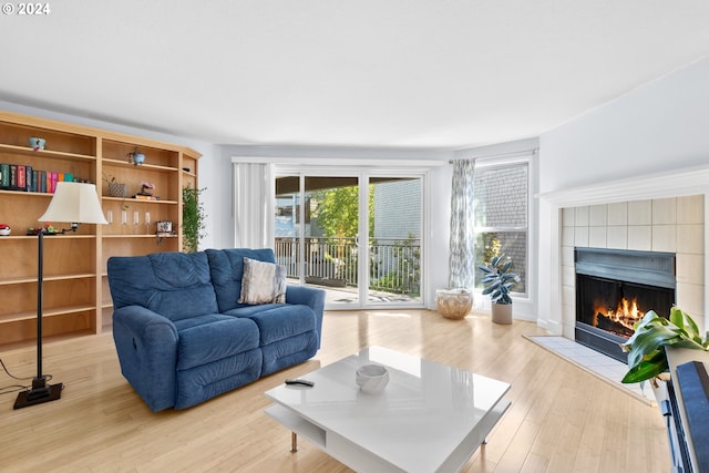 living room with light hardwood / wood-style floors and a fireplace