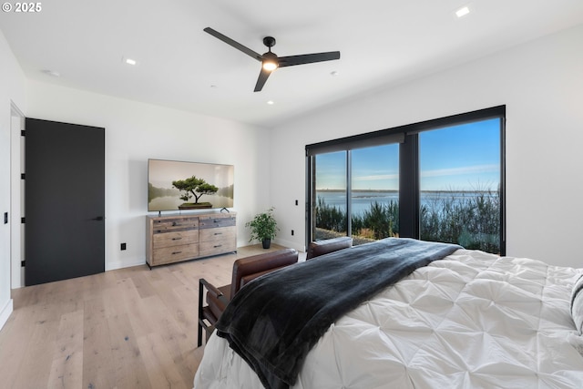 bedroom featuring baseboards, recessed lighting, ceiling fan, access to outside, and light wood-type flooring