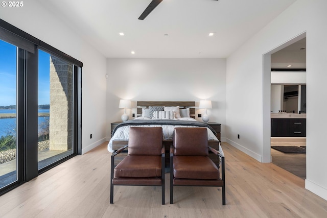 bedroom featuring access to outside, recessed lighting, baseboards, and light wood finished floors