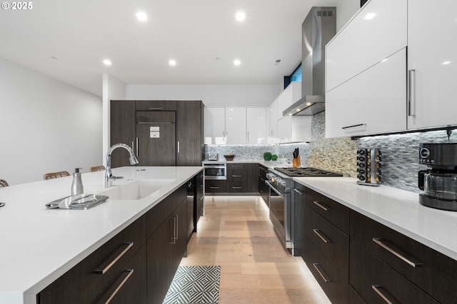 kitchen featuring wall chimney range hood, high end stainless steel range oven, white cabinets, modern cabinets, and a sink