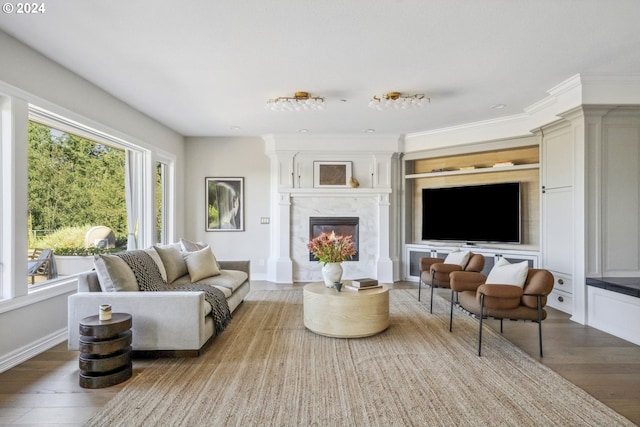 living room with a fireplace, ornamental molding, and hardwood / wood-style floors