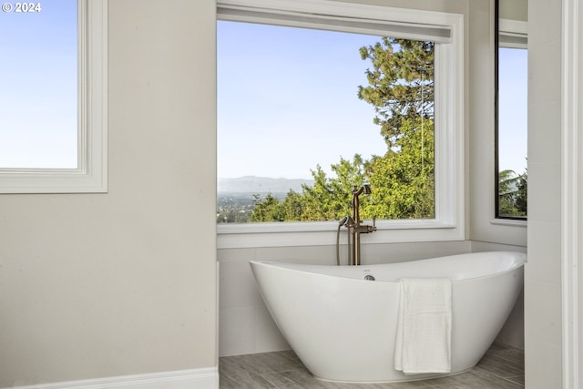 bathroom with a tub to relax in, a mountain view, and a healthy amount of sunlight