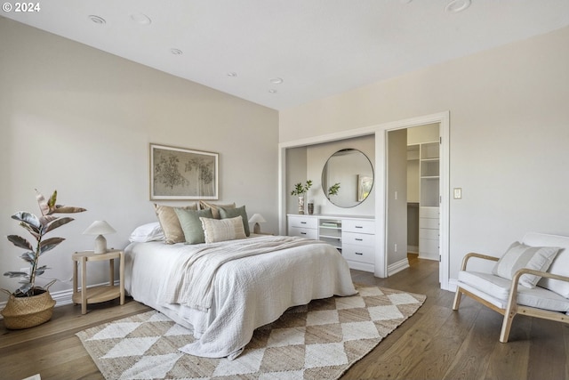 bedroom with a closet, hardwood / wood-style floors, and a spacious closet