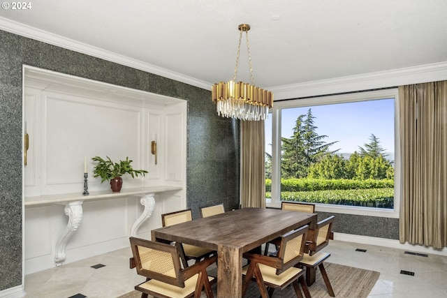 dining space featuring ornamental molding, a wealth of natural light, a chandelier, and light tile patterned floors