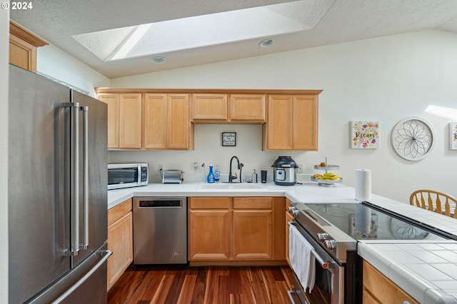 kitchen with vaulted ceiling with skylight, premium appliances, dark wood-type flooring, sink, and tile counters