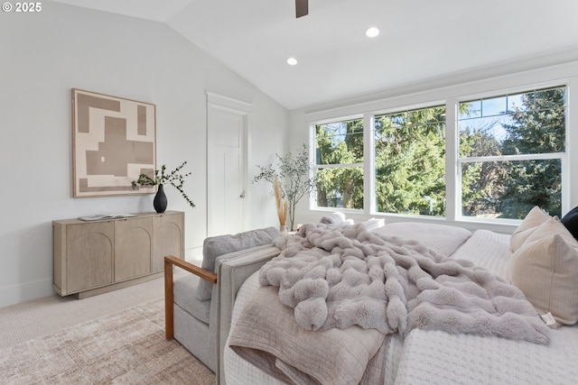 bedroom with light carpet, recessed lighting, lofted ceiling, and ceiling fan