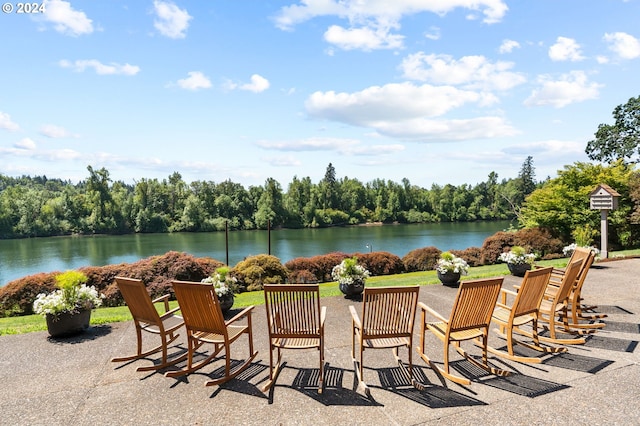 view of patio / terrace featuring a water view