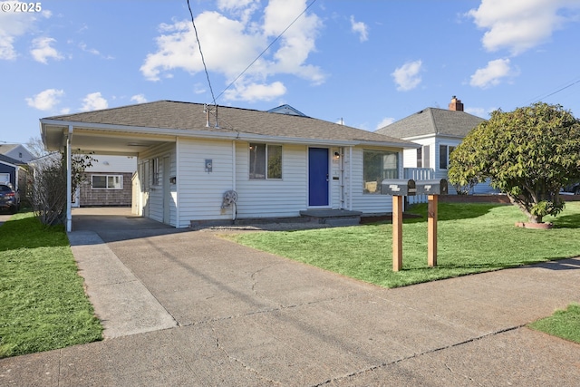 single story home with a carport and a front lawn