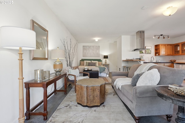 living room featuring rail lighting and sink