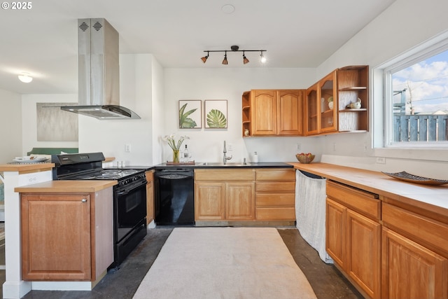 kitchen featuring island exhaust hood, sink, and black appliances