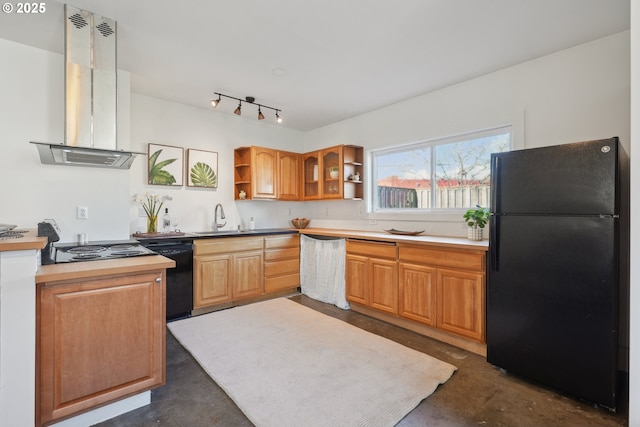 kitchen featuring island exhaust hood, sink, and black appliances