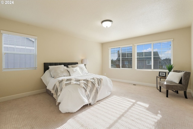 carpeted bedroom with visible vents, baseboards, and a textured ceiling