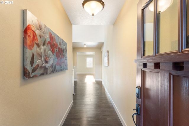 hall featuring a textured ceiling and dark hardwood / wood-style floors