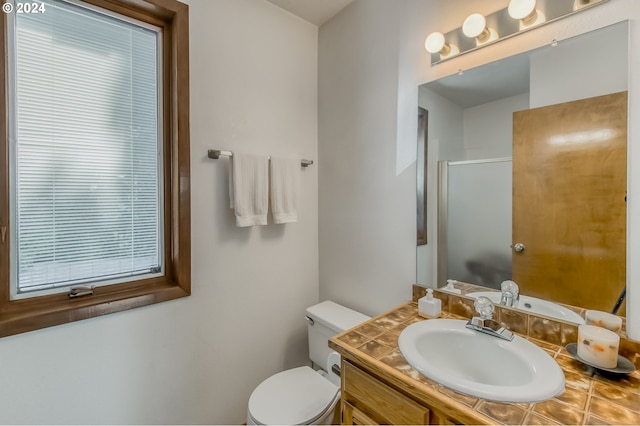 bathroom featuring vanity, toilet, and walk in shower