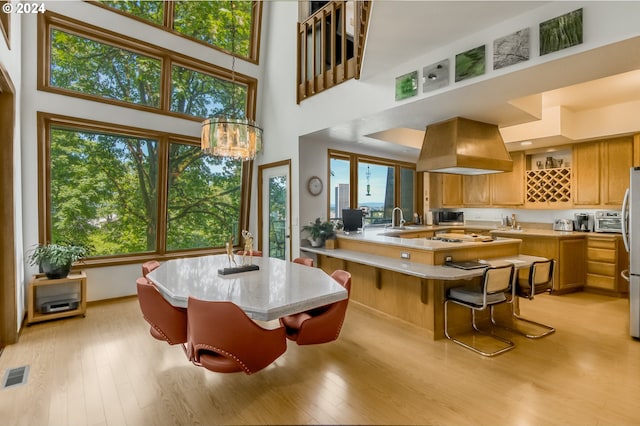 kitchen featuring premium range hood, a breakfast bar, a towering ceiling, and a healthy amount of sunlight