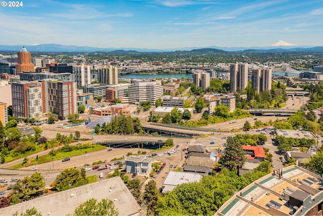 drone / aerial view featuring a water and mountain view