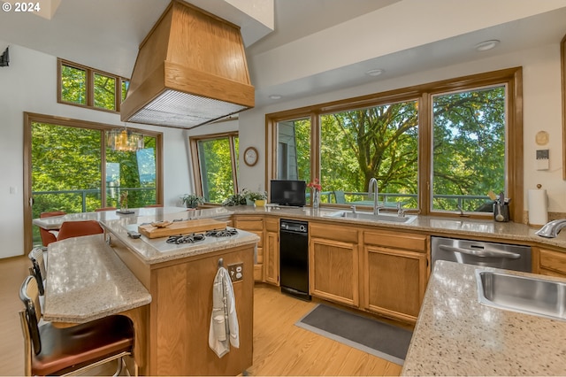 kitchen with light stone countertops, custom range hood, sink, dishwasher, and light hardwood / wood-style floors