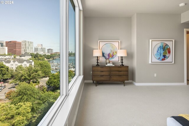 interior space with a water view and light carpet